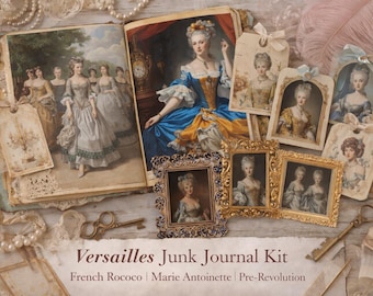 May include: A Versailles Junk Journal Kit featuring French Rococo and Marie Antoinette imagery. The kit includes vintage-style tags, framed portraits, and open books with illustrations. Decorative keys and lace accents complete the antique aesthetic.