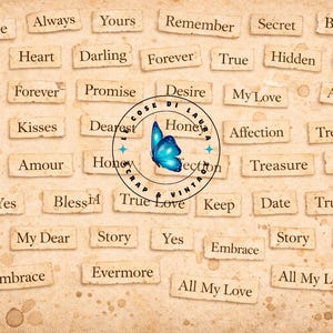 May include: Vintage-style collage with words like "Love," "Forever," and "Kisses" on aged paper tags. A blue butterfly and a circular stamp with text are in the center. The background has a sepia tone with ink blotches.