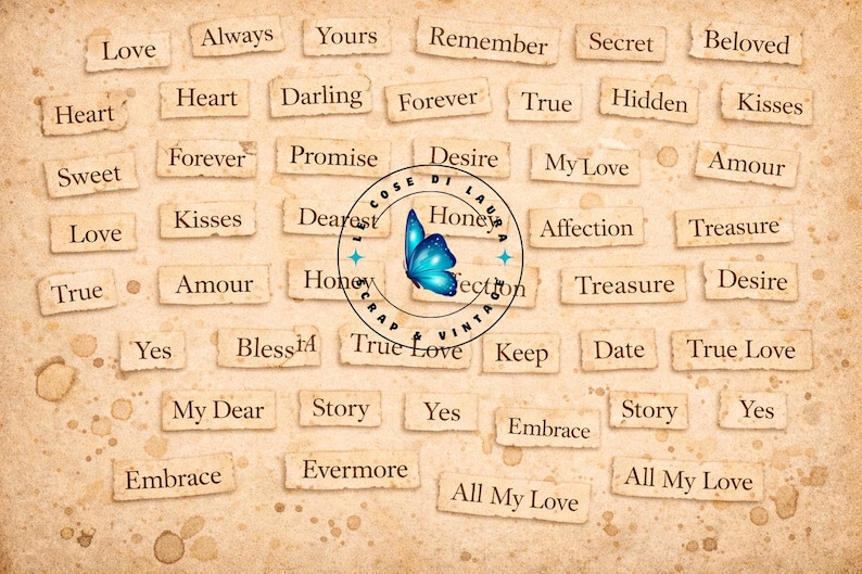 May include: Vintage-style collage with words like "Love," "Forever," and "Kisses" on aged paper tags. A blue butterfly and a circular stamp with text are in the center. The background has a sepia tone with ink blotches.