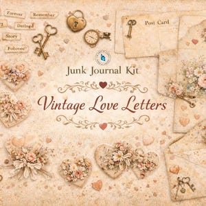May include: A vintage-themed junk journal kit with the text "Vintage Love Letters." The image features decorative elements like keys, lockets, hearts, and floral arrangements in soft, muted colors. Includes postcards and envelopes.