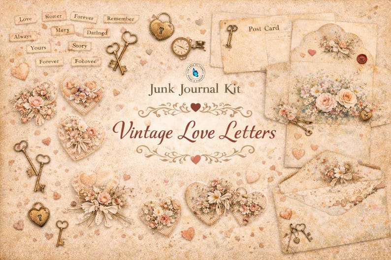 May include: A vintage-themed junk journal kit with the text "Vintage Love Letters." The image features decorative elements like keys, lockets, hearts, and floral arrangements in soft, muted colors. Includes postcards and envelopes.