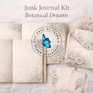 May include: Junk Journal Kit with the text "Botanical Dreams". The kit includes journal pages, an envelope, and cards, all with a vintage floral design featuring roses and daisies. A blue butterfly logo is in the center.