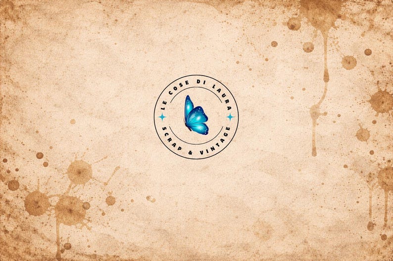 May include: A vintage-style background with coffee stains and a central circular logo. The logo features a blue butterfly and the text "LE COSE DI LAURA SCRAP & VINTAGE" in a circular arrangement, with star accents.