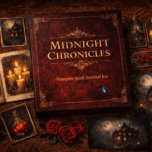 Può includere: Un kit di diario spazzatura di vampiri "Midnight Chronicles" rosso scuro. Il kit include una scatola decorativa, carte in stile vintage, etichette e illustrazioni di candele, rose e un maniero gotico.
