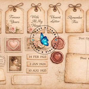 May include: A collection of vintage-style ephemera, including tags with text like "To My Love" and "Forever Yours", postage stamps, postcards, and wax seals. The items feature floral and heart motifs, with dates like "14 FEB 1923".