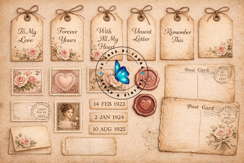 May include: A collection of vintage-style ephemera, including tags with text like "To My Love" and "Forever Yours", postage stamps, postcards, and wax seals. The items feature floral and heart motifs, with dates like "14 FEB 1923".
