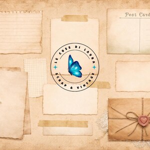 May include: A collage of vintage paper elements, including lined and blank sheets, a postcard, and an envelope tied with twine and a heart-shaped seal. The image features a central logo with a blue butterfly and the text "Le Cose di Laura Scrap & Vintage."