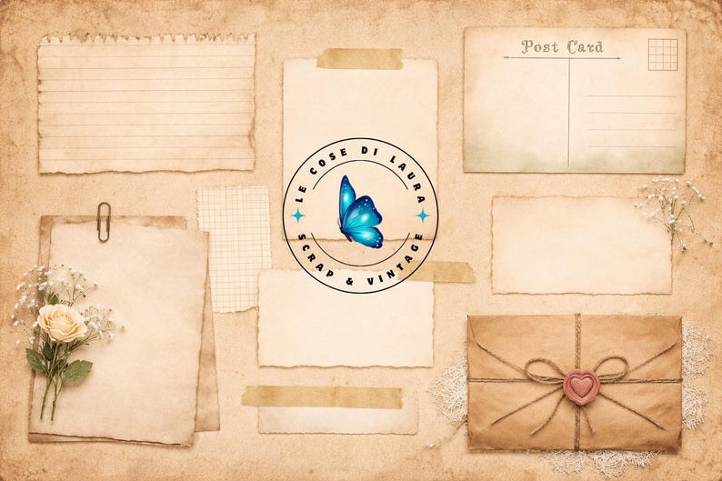 May include: A collage of vintage paper elements, including lined and blank sheets, a postcard, and an envelope tied with twine and a heart-shaped seal. The image features a central logo with a blue butterfly and the text "Le Cose di Laura Scrap & Vintage."