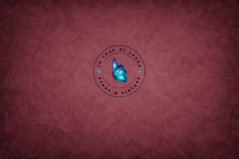 May include: A logo featuring a blue butterfly within a black circular frame. The frame includes the text "LE COSE DI LAURA SCRAP & VINTAGE" in a circular pattern, with two blue star accents. The background is a textured, deep red.