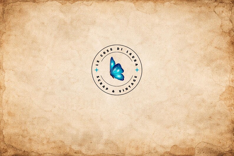 May include: A vintage-style background with a distressed, aged appearance. The image features a circular logo with the text "LE COSE DI LAURA SCRAP & VINTAGE" surrounding a blue butterfly. Two blue star accents are on either side of the butterfly.