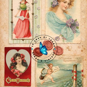May include: Vintage Valentine's Day cards with illustrations of women, cherubs, and floral elements. The cards feature soft colors, heart motifs, and romantic text. The overall theme is love and affection.