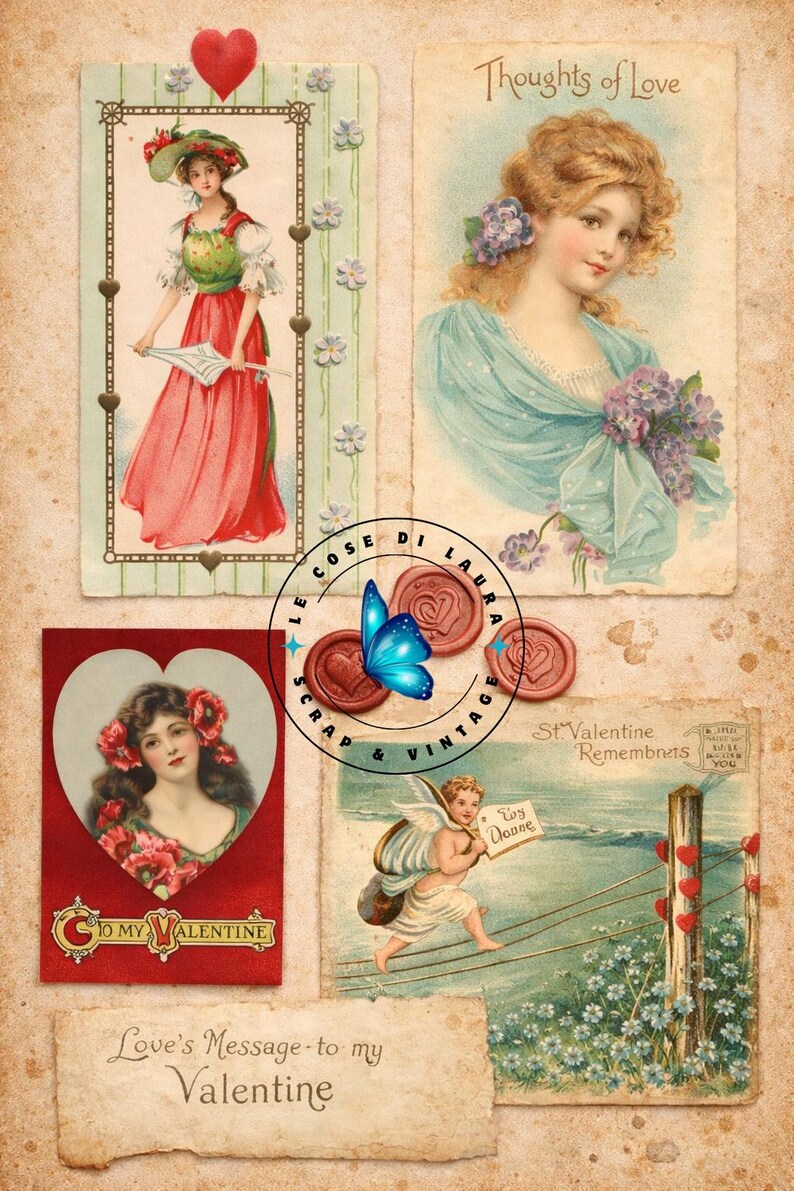 May include: Vintage Valentine's Day cards with illustrations of women, cherubs, and floral elements. The cards feature soft colors, heart motifs, and romantic text. The overall theme is love and affection.