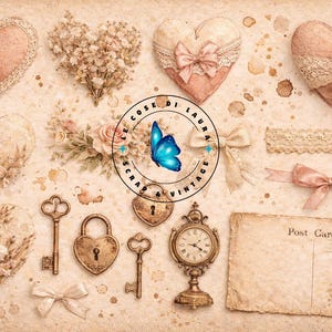 May include: A collage of vintage-style elements on a beige background. Includes heart-shaped decorations with lace and floral accents, keys, a lock, a clock, bows, and a postcard with floral illustrations. The image has a soft, romantic aesthetic.