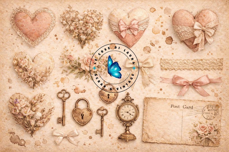 May include: A collage of vintage-style elements on a beige background. Includes heart-shaped decorations with lace and floral accents, keys, a lock, a clock, bows, and a postcard with floral illustrations. The image has a soft, romantic aesthetic.