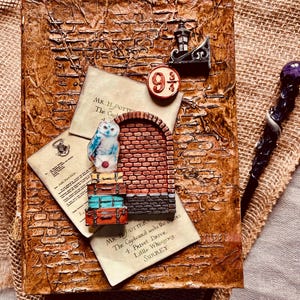 Peut inclure: Une couverture de livre marron texturée avec un motif de briques en relief, ornée d'éléments miniatures sur le thème d'Harry Potter. Comprend un hibou miniature, des bagages, une arche en briques, un signe 9 3/4 et une baguette. Le texte sur la couverture du livre est "MR. H. POTTER The Cupboard under the Stairs, 4. Privet Drive, Little Whinging, SURREY."