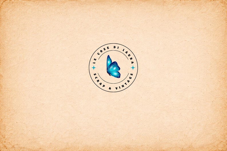 May include: A logo featuring a blue butterfly inside a circular design with the text "LE COSE DI LAURA SCRAP & VINTAGE" in a black font. The logo is set against a beige, textured background.