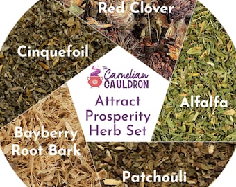 Attract Prosperity Herbs - Set of 5 | Bayberry, Patchouli, Alfalfa, Red Clover, Cinquefoil, Five Finger | Herbal Magick | Prosperity Spells