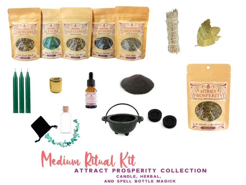 May include: A medium ritual kit for attracting prosperity. The kit includes a cauldron, incense, herbs, candles, a spell bottle, and a bay leaf. The kit is packaged in a brown paper bag with the text "ATTRACT PROSPERITY RITUAL INCENSE BLEND".