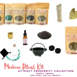 May include: A medium ritual kit for attracting prosperity. The kit includes a cauldron, incense, herbs, candles, a spell bottle, and a bay leaf. The kit is packaged in a brown paper bag with the text "ATTRACT PROSPERITY RITUAL INCENSE BLEND".