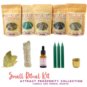 May include: A small ritual kit for attracting prosperity, featuring five brown paper bags of herbs, a green candle, a gold candle holder, a bottle of oil, and a bundle of sage. The bags are labelled with the names of the herbs: Bayberry, Alfalfa, Red Clover, Patchouli, and Cinquefoil. The text "Small Ritual Kit" and "Attract Prosperity Collection" is printed in pink on a white background.