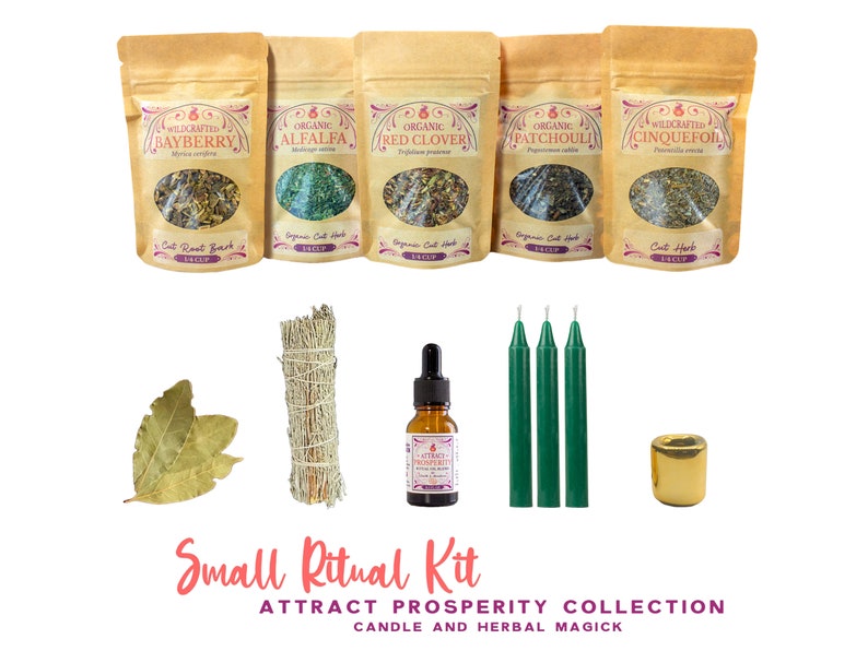 May include: A small ritual kit for attracting prosperity, featuring five brown paper bags of herbs, a green candle, a gold candle holder, a bottle of oil, and a bundle of sage. The bags are labelled with the names of the herbs: Bayberry, Alfalfa, Red Clover, Patchouli, and Cinquefoil. The text "Small Ritual Kit" and "Attract Prosperity Collection" is printed in pink on a white background.