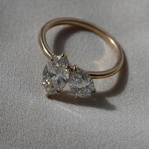 Double Stone Marquise & Pear Cut Moissanite Engagement Ring Hidden Halo Two Stone Wedding Ring Toi Et Moi Ring 14k Solid Gold Bridal Ring