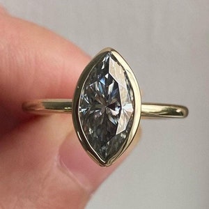 Gray Moissanite Engagement Ring Marquise Moissanite Solitaire Engagement Ring 14K Yellow Gold Bezel Setting Ring Low Profile Wedding Ring