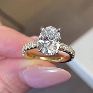 4.0ct Elongated Vintage Style Oval Moissanite Ring Gorgeous Hidden Halo Anniversary Ring White Gold Wedding Ring Solitaire Diamond Ring
