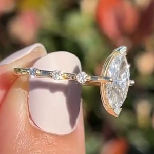 Marquise Cut Moissanite Engagement Ring Unique Distance Pave Setting Wedding Ring 14k Yellow Gold V shape Prong Set Anniversary Ring for Her
