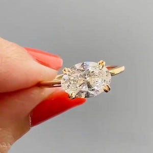 2.20 Ct Oval Cut Moissanite Engagement Ring, East to West Solitaire, 14K Solid Gold Horizontal Promise Bridal Ring