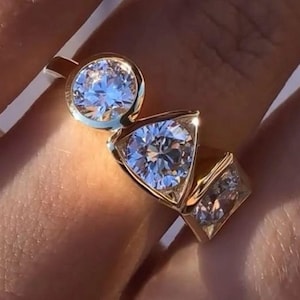 Round Three Moissanite Diamond Ring Unique Setting Three Stone Ring Three Year Anniversary Gift Ring Statement Ring Gift For Her Gold Ring