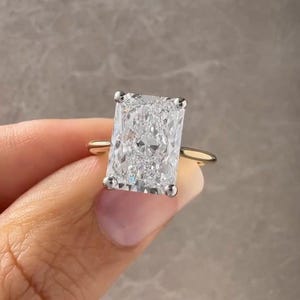 Antique Cathedral Set Engagement Ring, Big 4.5CT Radiant Cut Hidden Halo Moissanite Ring, 14k Two Tone Wedding Ring, Hidden Pave Bridge Ring