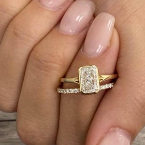 2 CT Radiant Cut moissanite Bezel Set for Engagement ring 14k Yellow Gold Bridal Set ring for women Pave set Wedding Band Ring Gift for Her