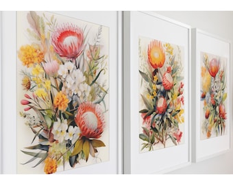 Set Of 3 Australian Native Floral Wall Art | Australian Native Flowers | Aussie Native Art | Waratah | Banksia | Wattle | Digital Art Print|