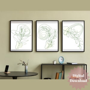 Ensemble de 3 tirages d'art de la ligne botanique Minimal Floral Wall Art Boho Decor en vert et jaune en sourdine