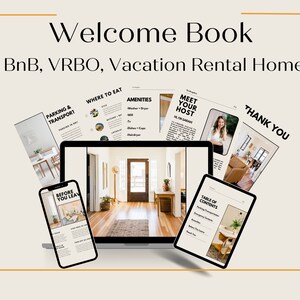Modèle de livre de bienvenue Air Bnb pour les locations de vacances Guide d'hébergement VRBO avec attractions locales et règles de la maison Guide de bienvenue Canva modifiable