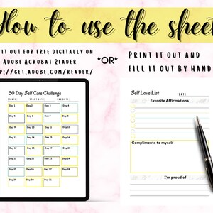 Peut inclure: Un d&eacute;fi de 30 jours pour prendre soin de soi et une liste d'amour-propre avec des sections pour vos affirmations pr&eacute;f&eacute;r&eacute;es, des compliments &agrave; vous-m&ecirc;me et ce dont vous &ecirc;tes fier. Les feuilles imprimables sont con&ccedil;ues avec un sch&eacute;ma de couleurs jaune et vert.