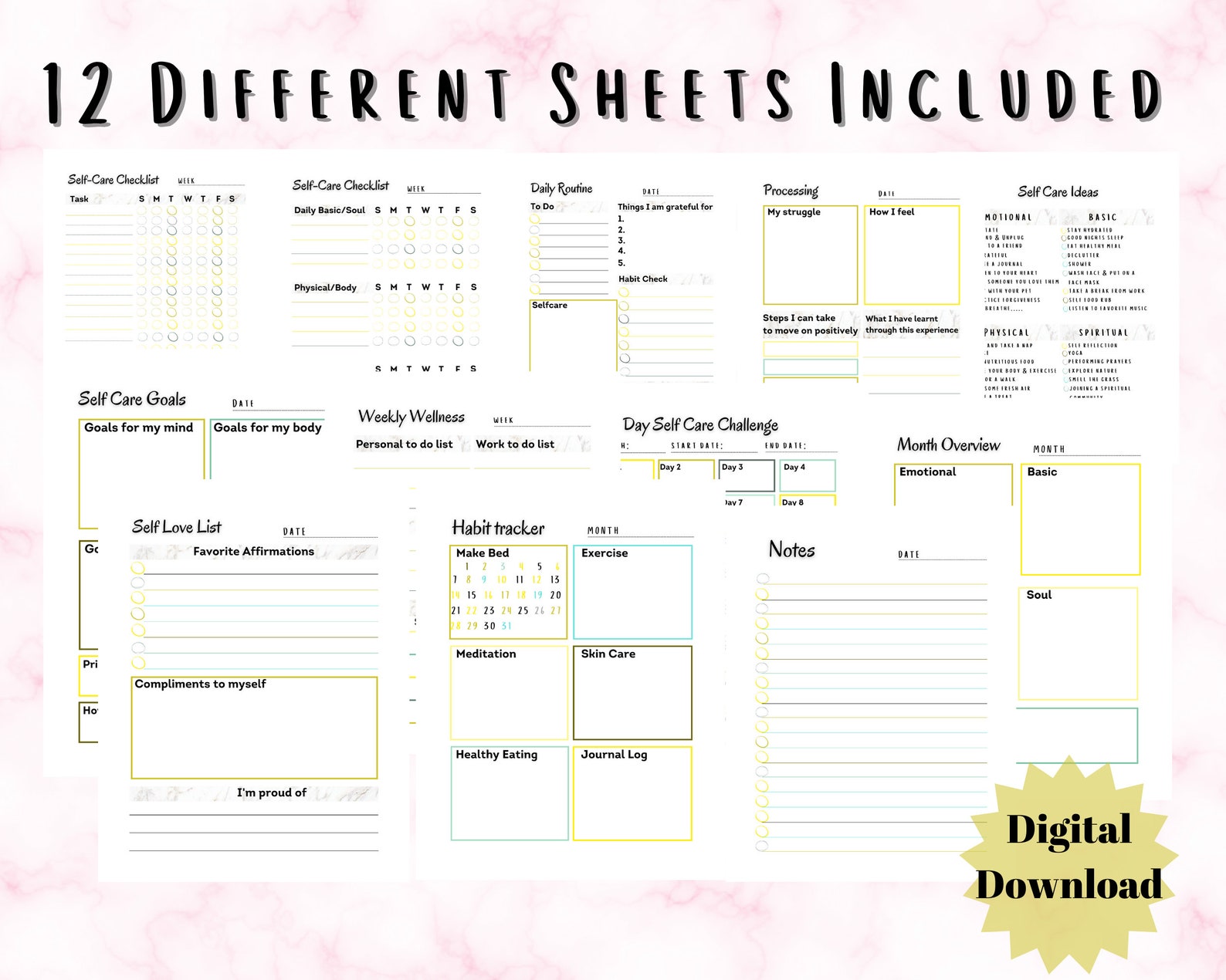 Self Care Journal, Self Care Planner Worksheet Mood Tracker, Wellness ...