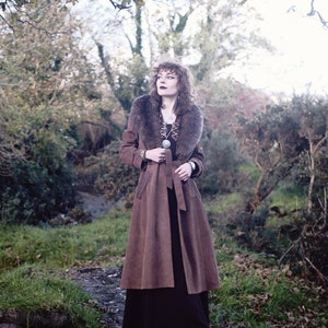 Witches Promise - 1960’s 1970’s Suede Belted Maxi Coat with Shearling Fur Collar (S)