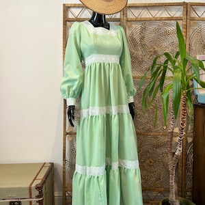 Vintage 1970’s Pale Apple Green Prairie Dress Maxi Dress Seventies Western