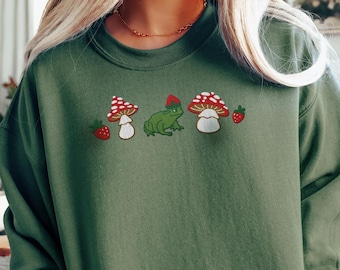 Broderad jordgubbsgrodtröja | Broderad svamp- och rund halsringning | Broderad Cottagecore | Grodtröja unisex