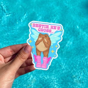 May include: A sticker featuring a cartoon frog wearing pink boots and fairy wings. The frog is holding its hands together in front of its face. The sticker has the text "Bestie. He's Gross..." on it.
