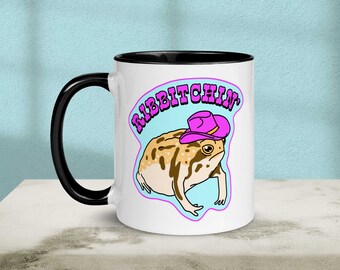 Ribbitchin’ Rain Frog Cowboy Frog Mug | Frog in Cowboy Hat Mug | Funny Frog | Cute Frog Pun Mug with Color Inside