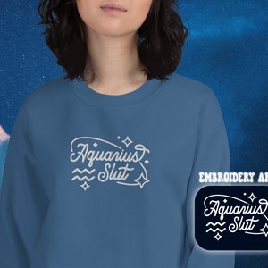 Aquarius Embroidery Zodiac Sign Sweatshirt | Aquarius Astrology Gifts Crewneck | Birthday Horoscope Embroidered Sweatshirt