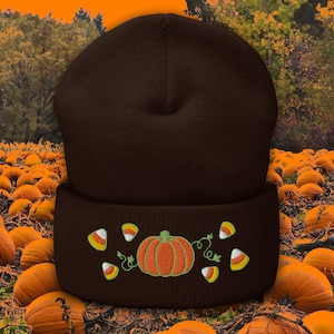 Pumpkin Candy Corn Embroidered Beanie | Pumpkin Hat | Cute Candy Corn Cuffed Beanie