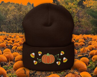 Pumpkin Candy Corn geborduurde beanie | Pompoenhoed | Schattige muts met omslagrand
