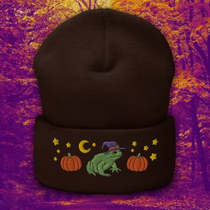 Frog Witch Embroidered Cuffed Beanie | Frog Embroidered Beanie | Frog Hat | Embroidered Halloween Beanie | Fall Aesthetic