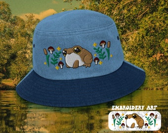 Cottagecore Cute Toad-denimhoed | Denimhoed met geborduurde Gold Toad | Denim vissershoedje cottage-borduurwerk kikker