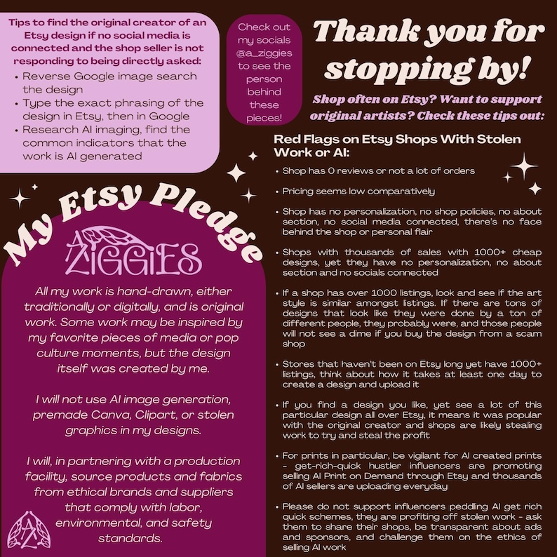May include: A maroon and cream graphic with text about Etsy shops, including "Thank you for stopping by!" and "My Etsy Pledge." It offers advice on identifying original art and avoiding AI-generated designs.