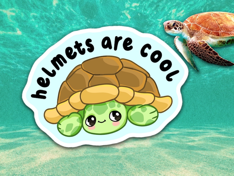 May include: A sticker featuring a cartoon turtle with the text "helmets are cool." The turtle has a green head and limbs, a brown shell, and a light blue background. A real sea turtle is in the upper right corner.